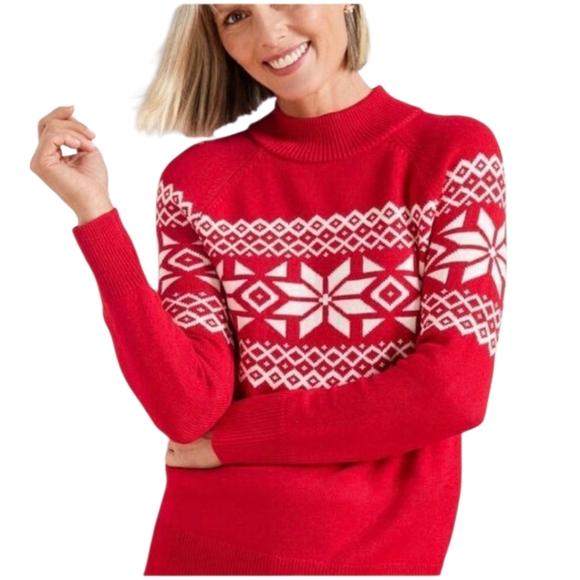 Talbots Red Fair Isle Snowflake Christmas Holiday Sweater Women’s L Winter Knit - Picture 1 of 12